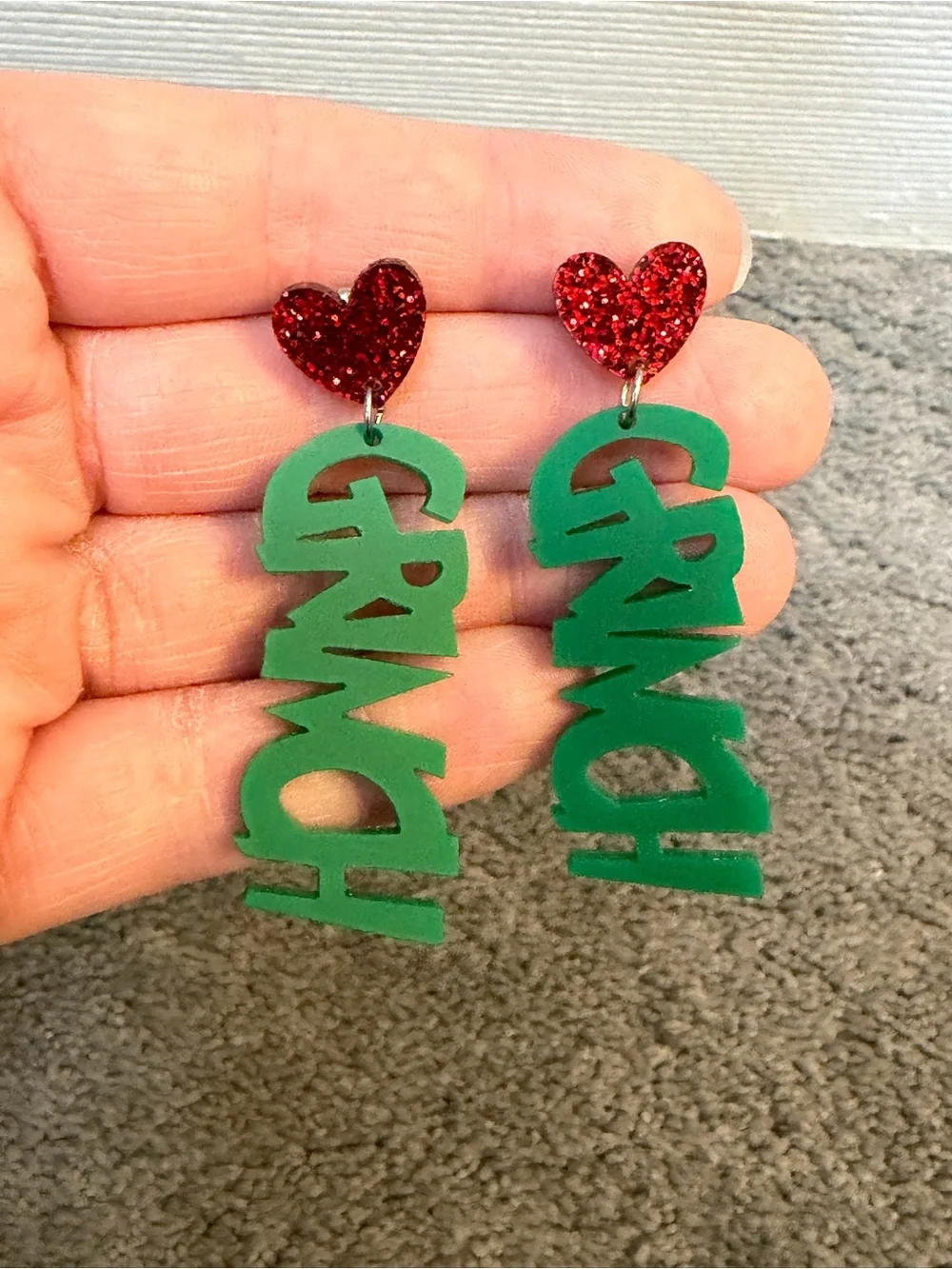 Green Holiday Statement Drop Earrings with Red Glitter Heart Studs